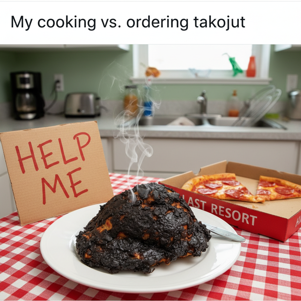 My 'gourmet' meal turned into a charcoal briquette. Send help (and pizza).