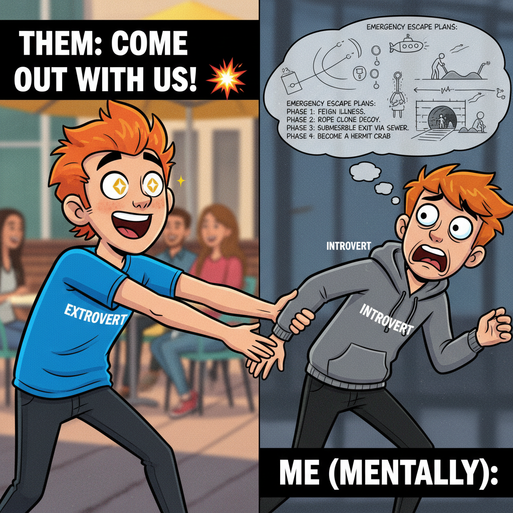Extrovert: 'Let's go out!' Introvert: *already planning 3 escape routes*