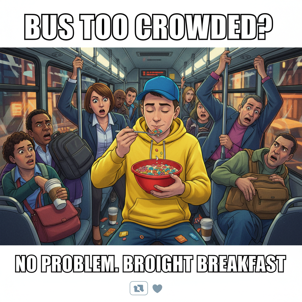 Just saw a guy on the bus eating cereal with a spoon. Peak public transport energy.
