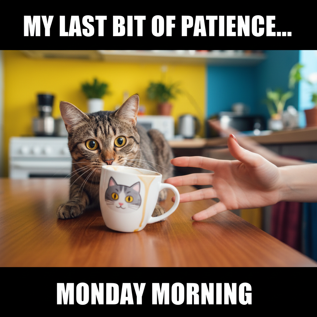 My cat just stared into my soul while slowly pushing my coffee cup off the table. I'm trapped.