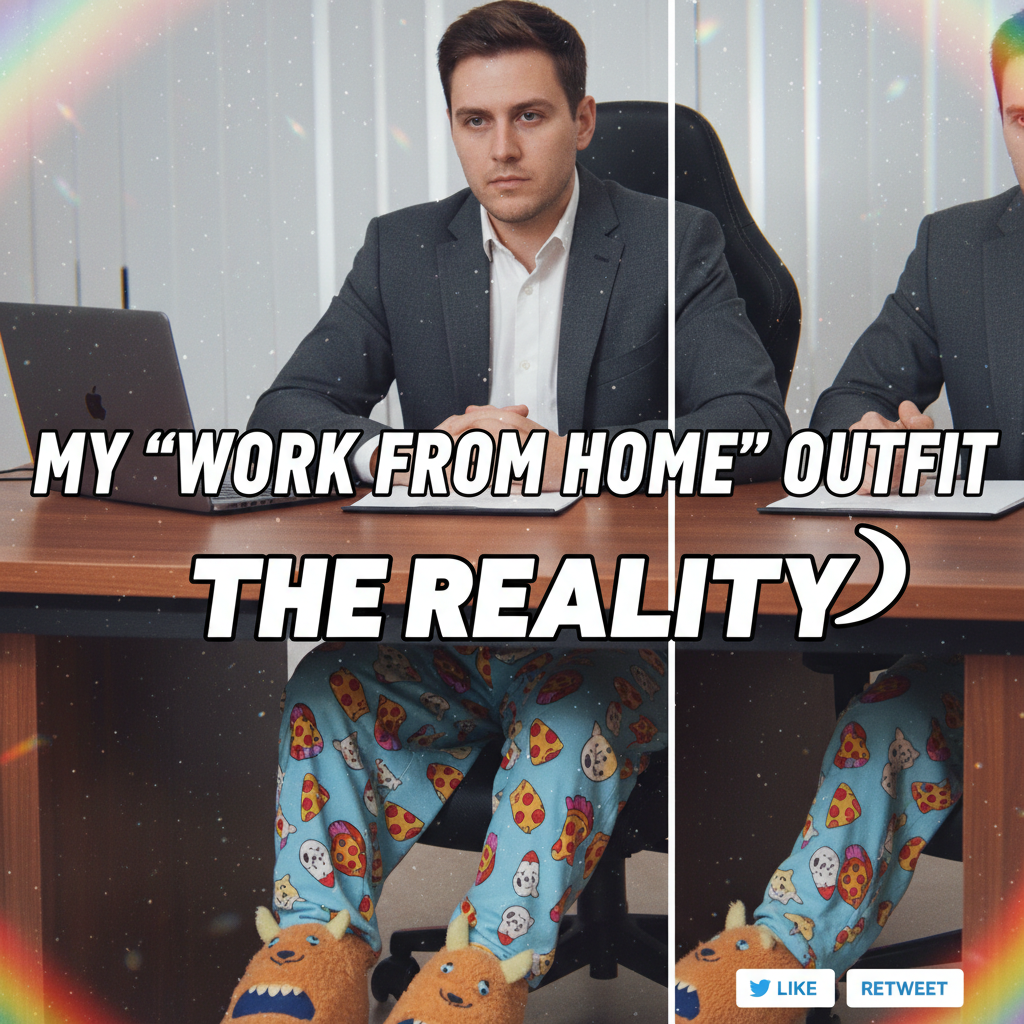 My 'work from home' uniform is 50% professional top, 50% pajama bottoms. The duality.