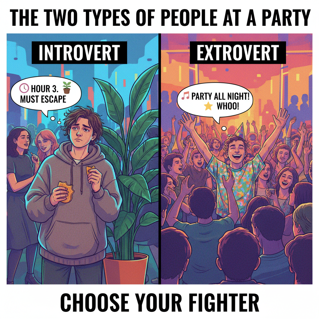 Introvert at a party: 'I need to recharge.' Extrovert: 'I AM the party!'