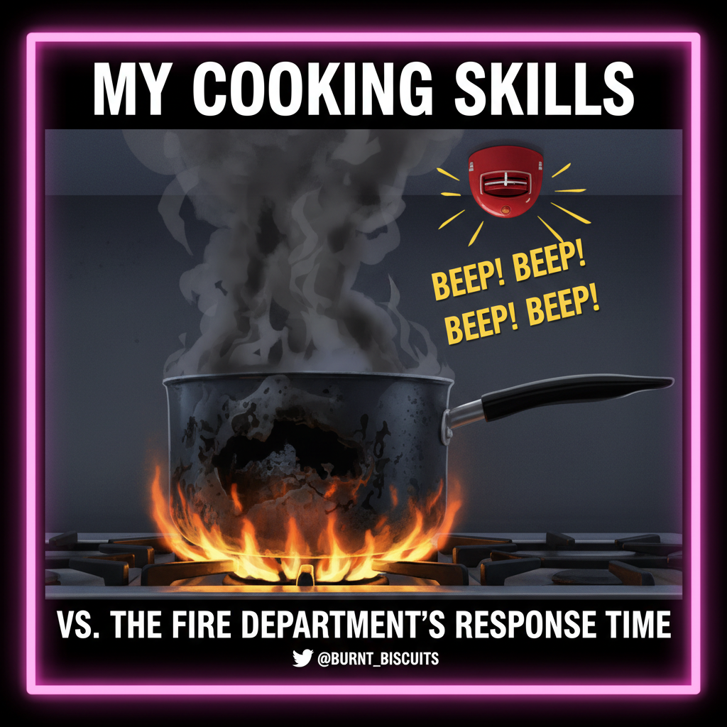 Attempted to make a gourmet meal. Ended up with charcoal and a fire alarm concert. Send pizza.