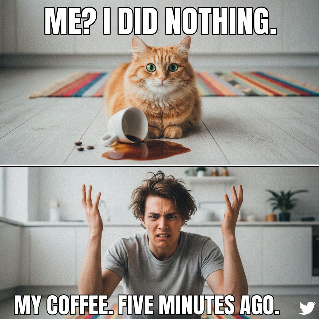 My cat just knocked my coffee off the table then looked at me like *I* did it. The audacity.