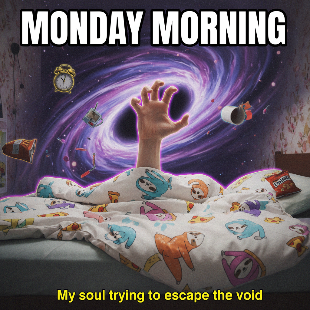 My bed on Monday morning is an actual black hole. I can't escape its gravitational pull.