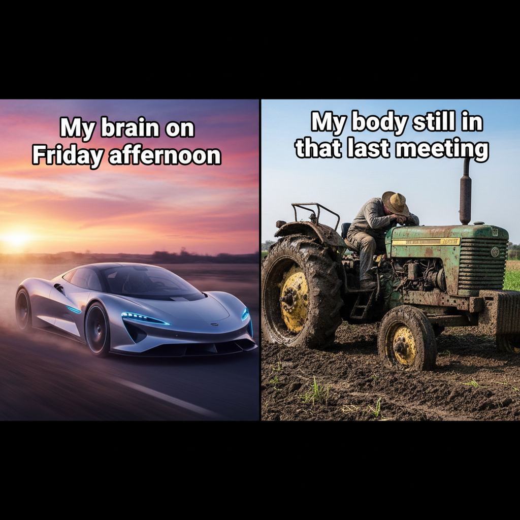 My brain clocking out at 3 PM vs. my body still stuck in meetings