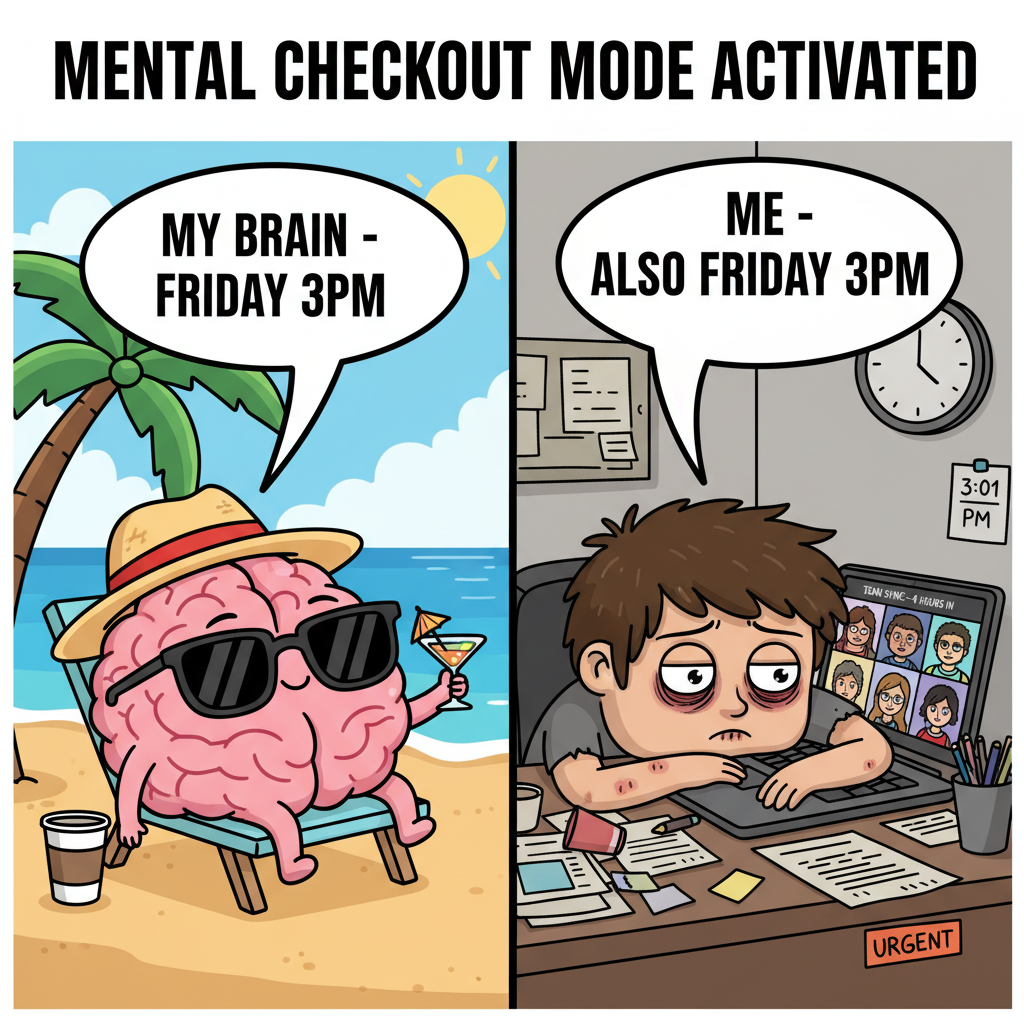 My brain clocking out at 3 PM on a Friday vs. my body still stuck in meetings