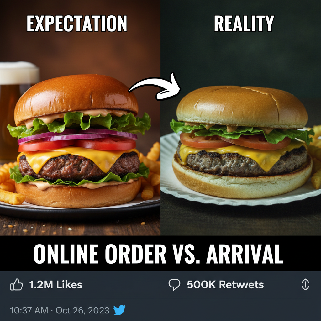 Ordered a gourmet burger, got a sad patty on a soggy bun. My disappointment is immeasurable.