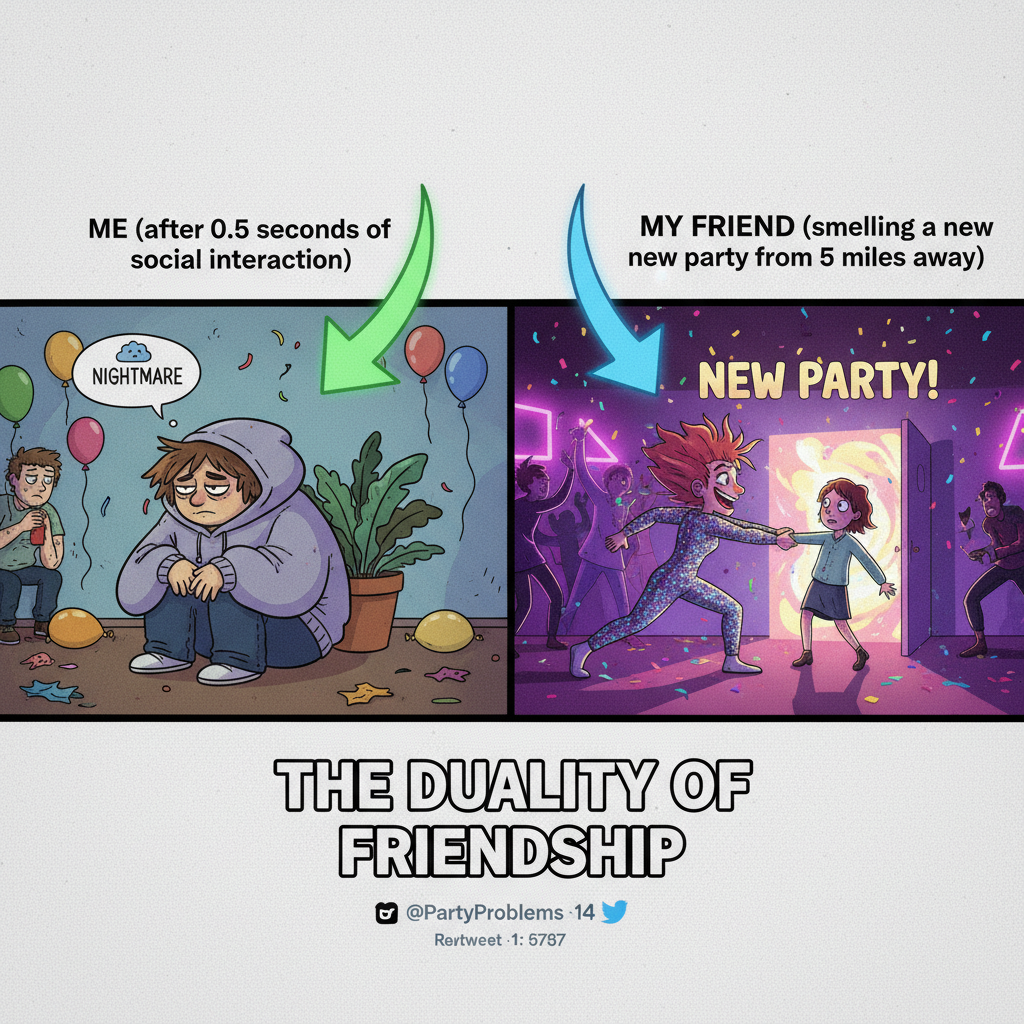 Introvert at a party: 'I need to recharge.' Extrovert: 'Let's go to another party!'