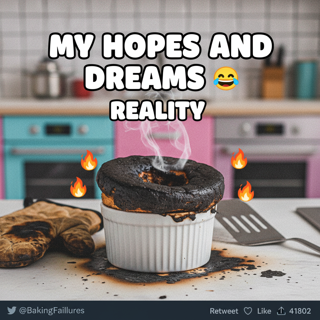 Tried making a soufflé. Now my kitchen smells like burnt dreams and regret. Send help. #CookingFail