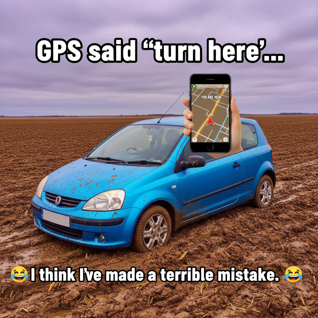 GPS said 'turn left in 50 feet.' I'm now in a farmer's field. Send snacks.