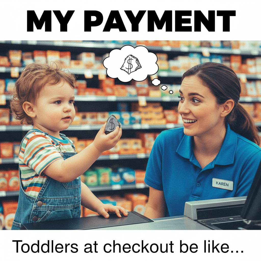 My toddler just tried to pay for groceries with a rock. Peak parenting achieved.