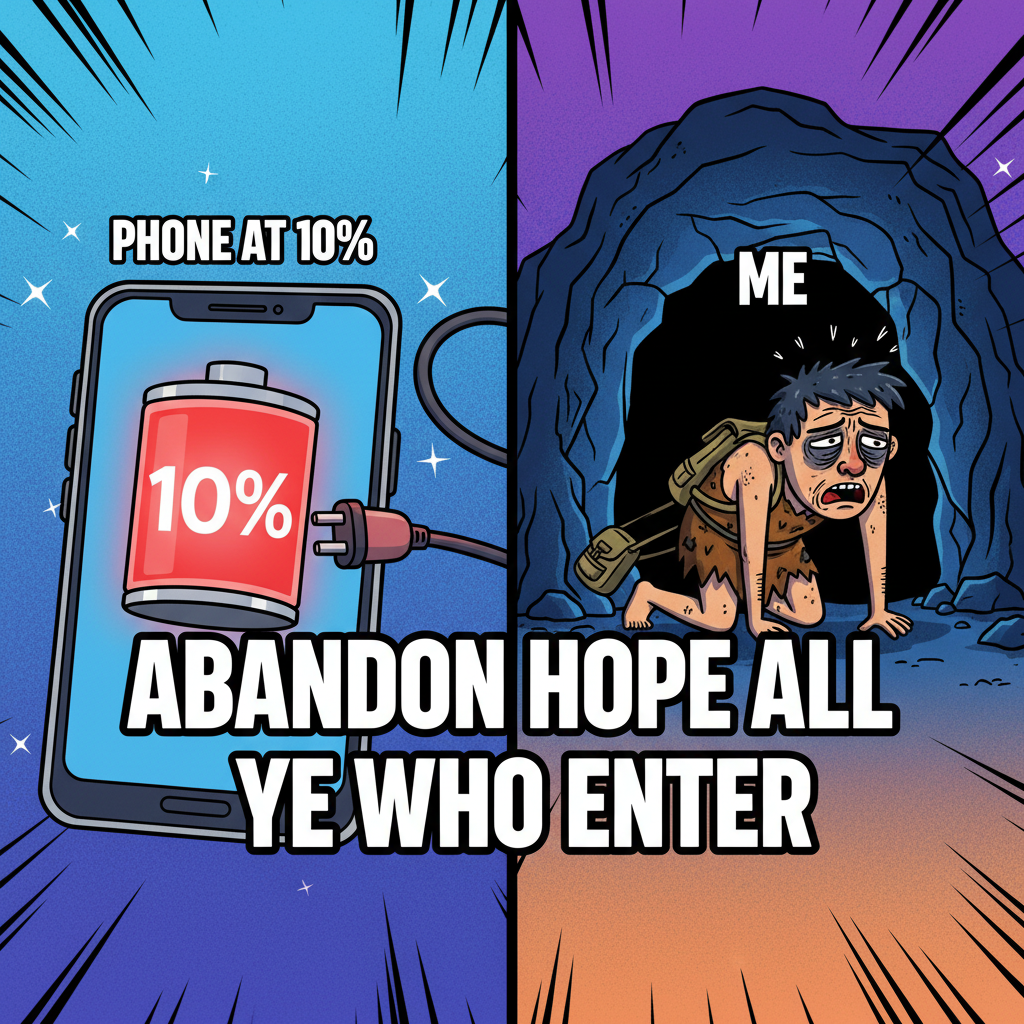 My phone battery at 10% vs. my social battery at 10%. One needs charging, the other needs a cave.