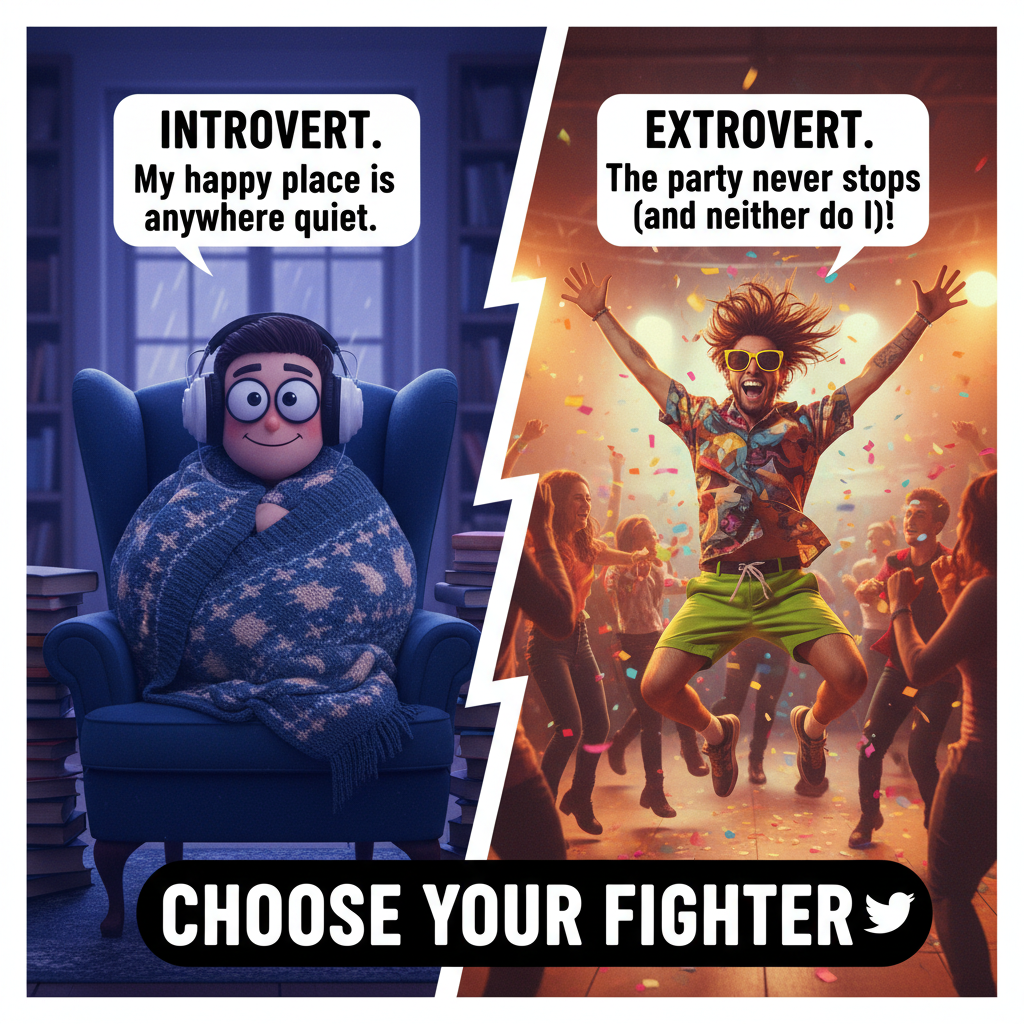 Introvert at a party: 'I need to recharge.' Extrovert: 'Let's get another round!'