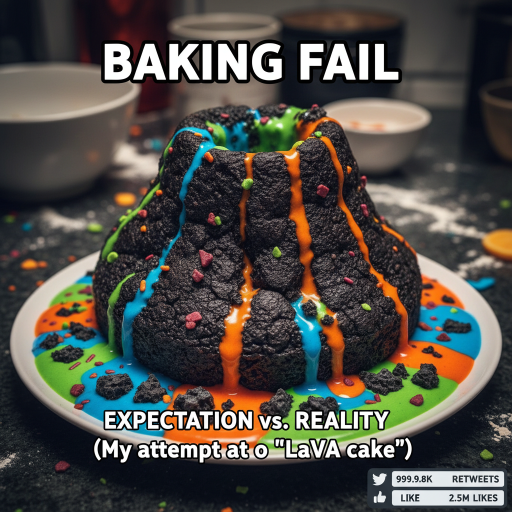 Attempted to bake a cake. It now resembles a volcanic eruption. 0/10.