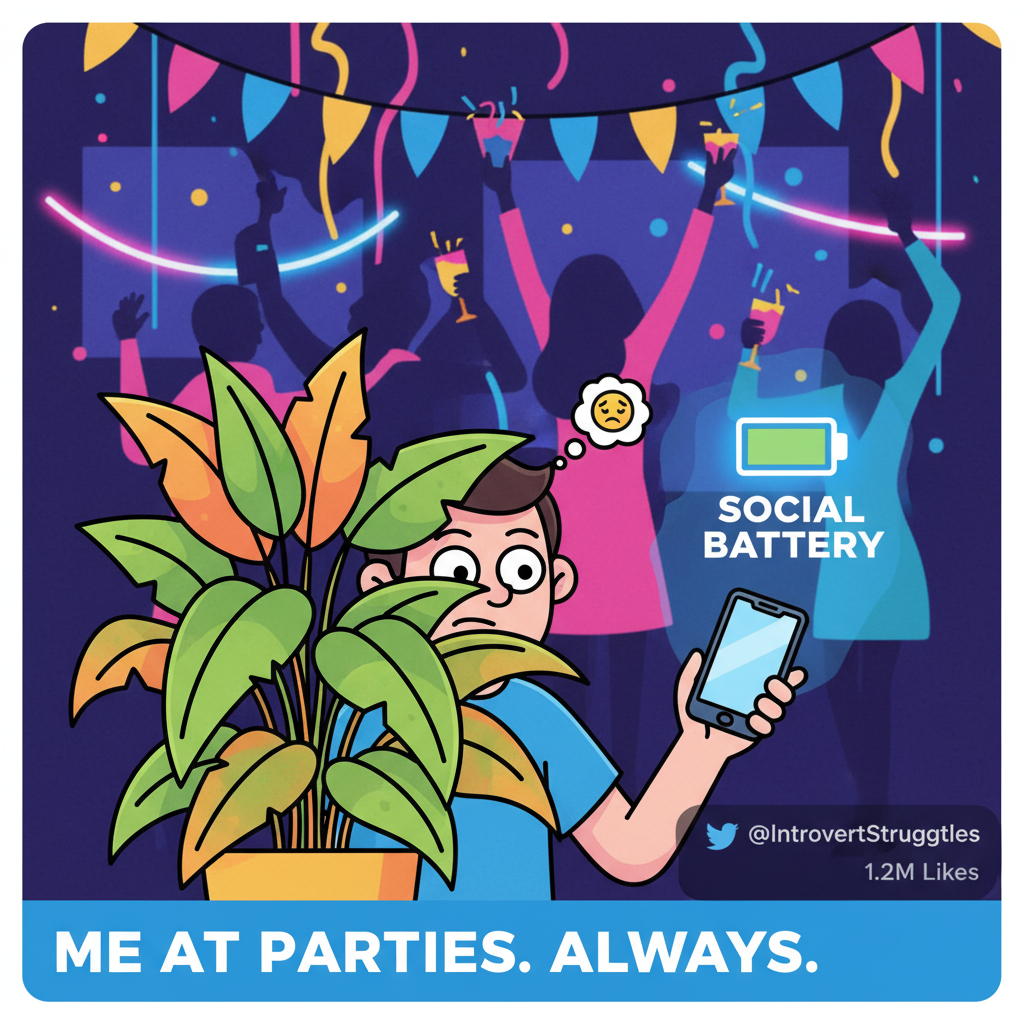 Introvert at a party: 'I've recharged enough social battery for 1.5 interactions.'