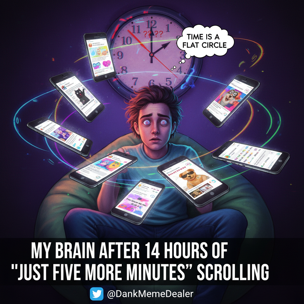 Me: 'I'll just check Twitter for 5 mins.' *3 hours later* My brain: 'Did you even blink?'