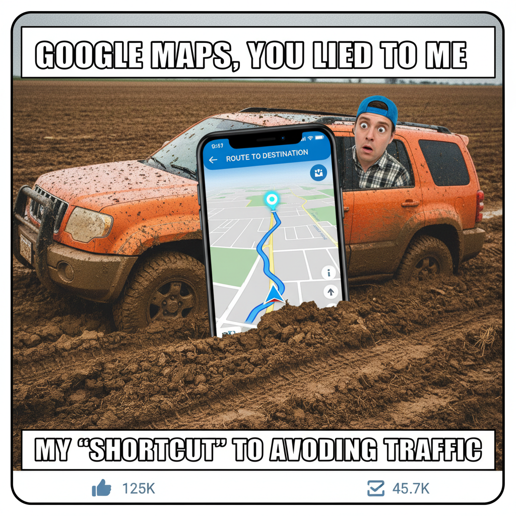 GPS said 'turn left.' I turned left. Now I'm in a field. Send snacks.