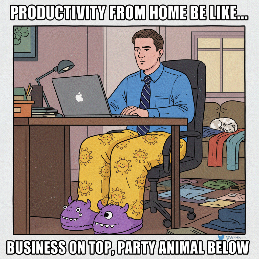 WFH perk: my coworkers can't see I'm wearing pajama bottoms and a tie. The duality of man.
