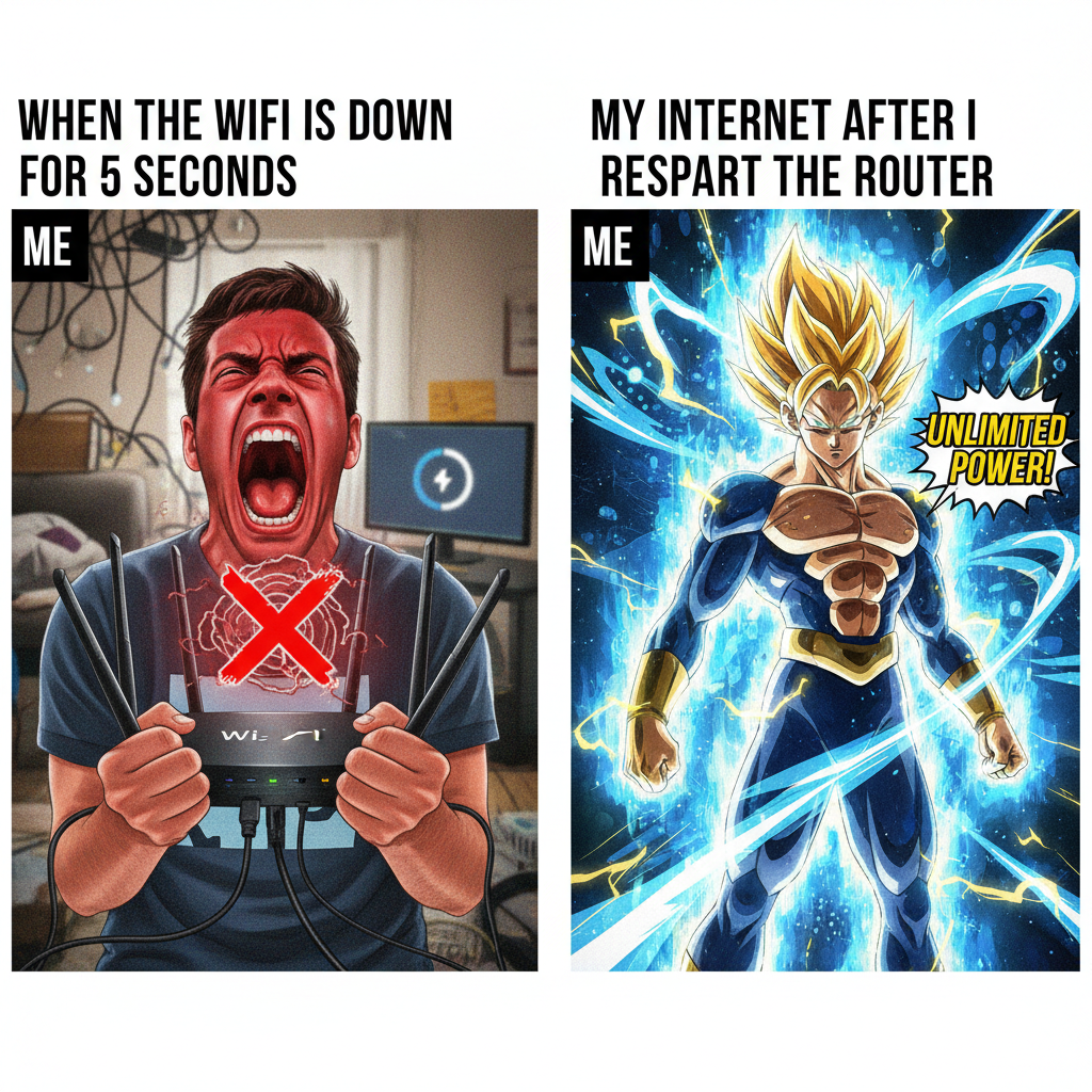 My reaction when the WiFi goes out vs. an anime character powering up.