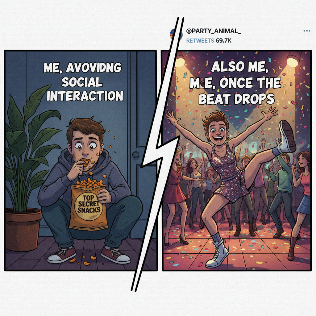 Introvert at a party: 'I just came for the snacks.' Extrovert: 'LET'S DANCE!'