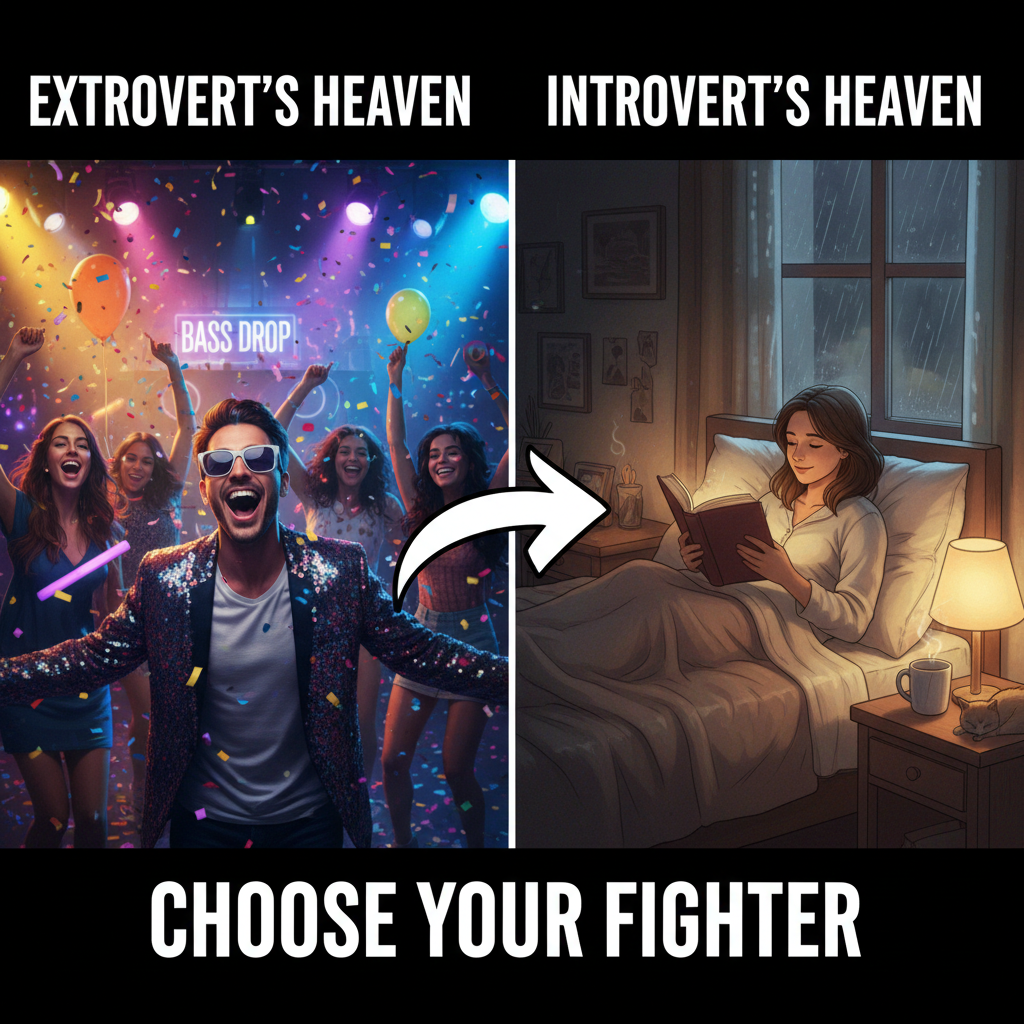Extrovert: 'Let's go out!' Introvert: *already in bed by 8pm with a book*