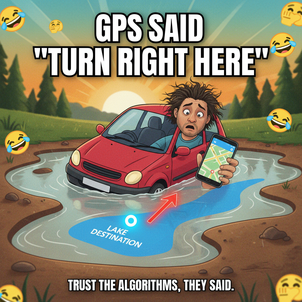 GPS: 'In 50 feet, turn right.' Me: *drives into a lake*