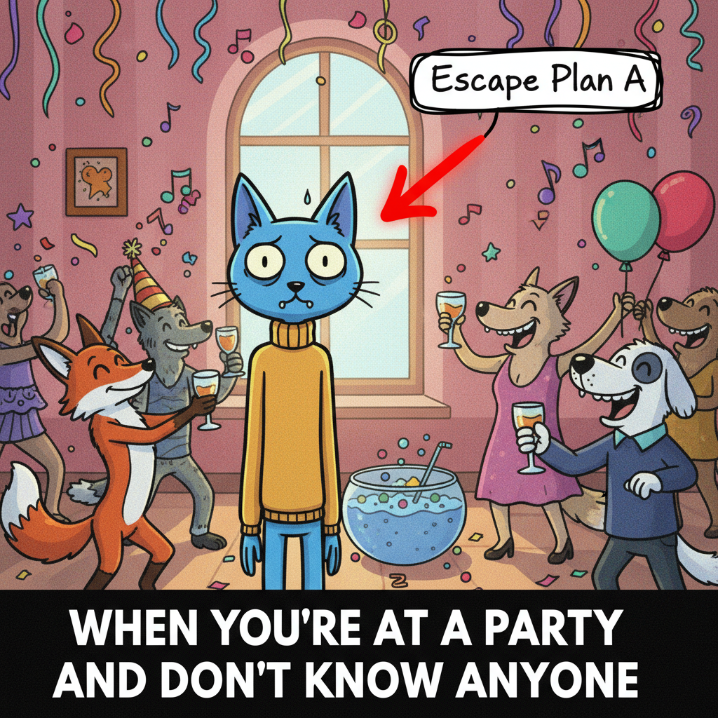 Invited to a party: Introvert me is already planning my escape route.