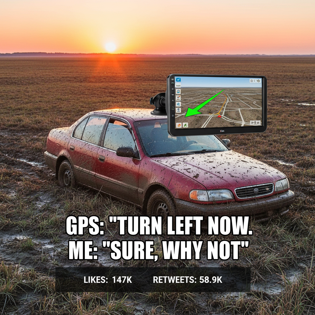 GPS said 'turn left', but the road was just a field. Send snacks and an actual map.