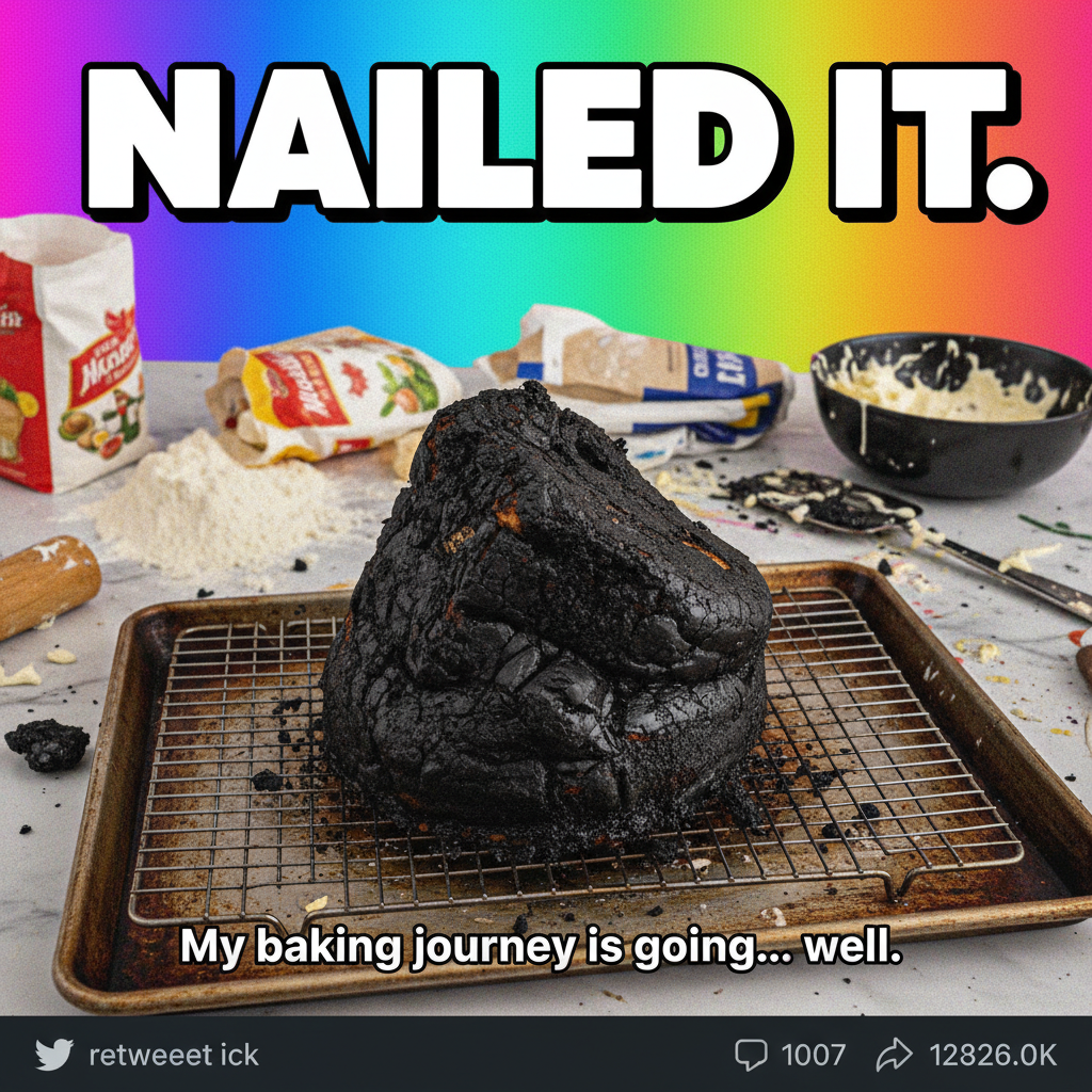 Tried to bake a cake, ended up with a charcoal briquette. Nailed it.