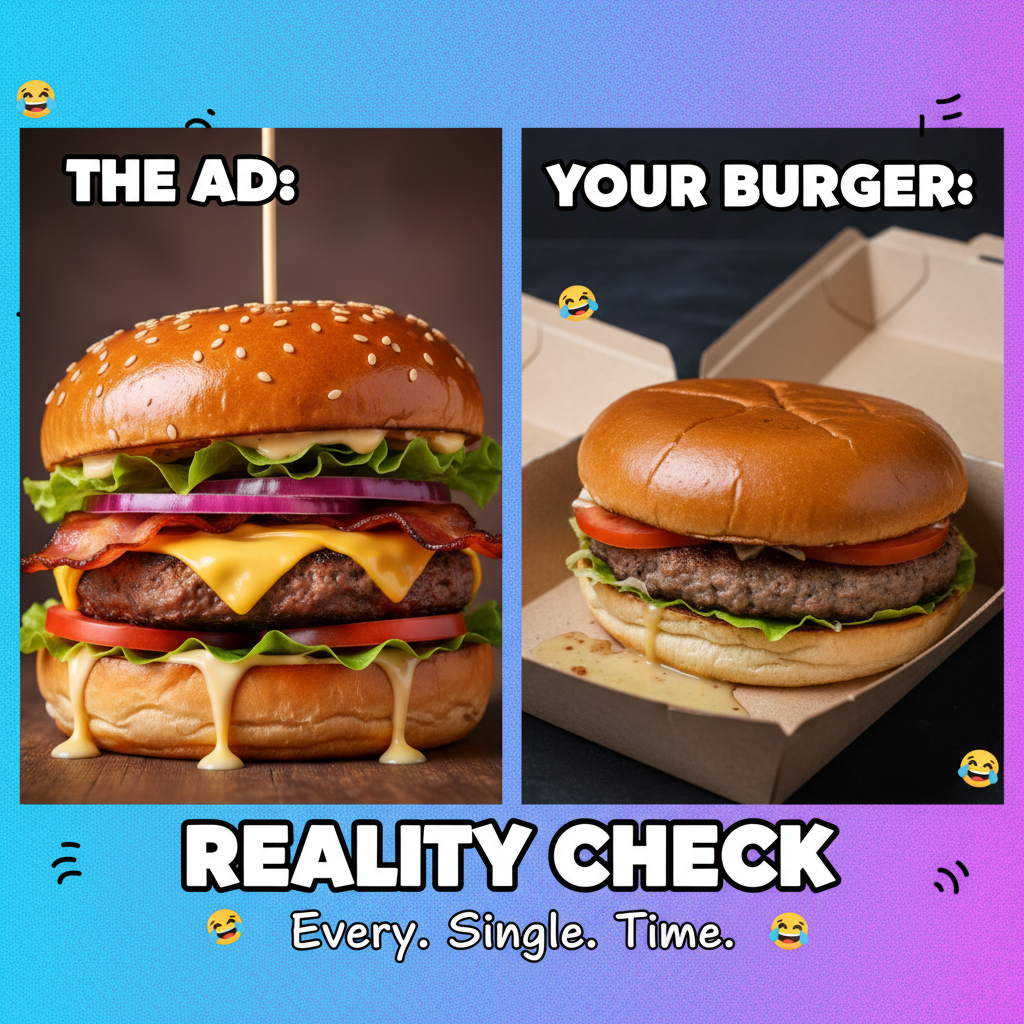 Ordered a gourmet burger, got a sad patty on a bun. Food delivery expectations vs. reality.