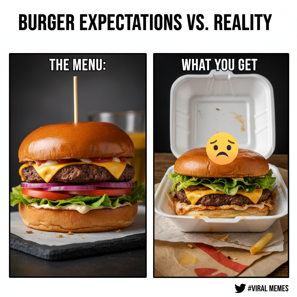 Ordered a gourmet burger. Got something that looks like it lost a fight with a truck.