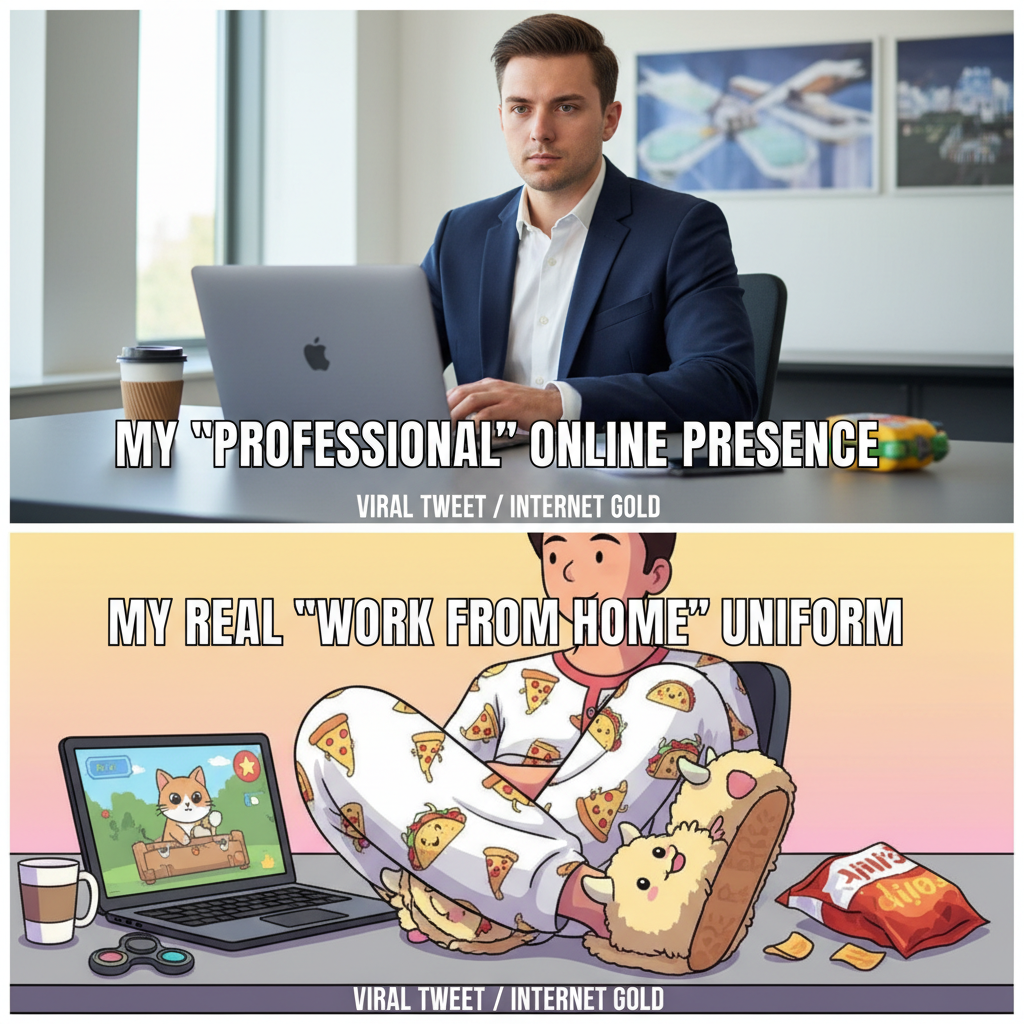 My 'work from home' outfit is 50% professional, 50% pajamas. The camera only sees the top half.