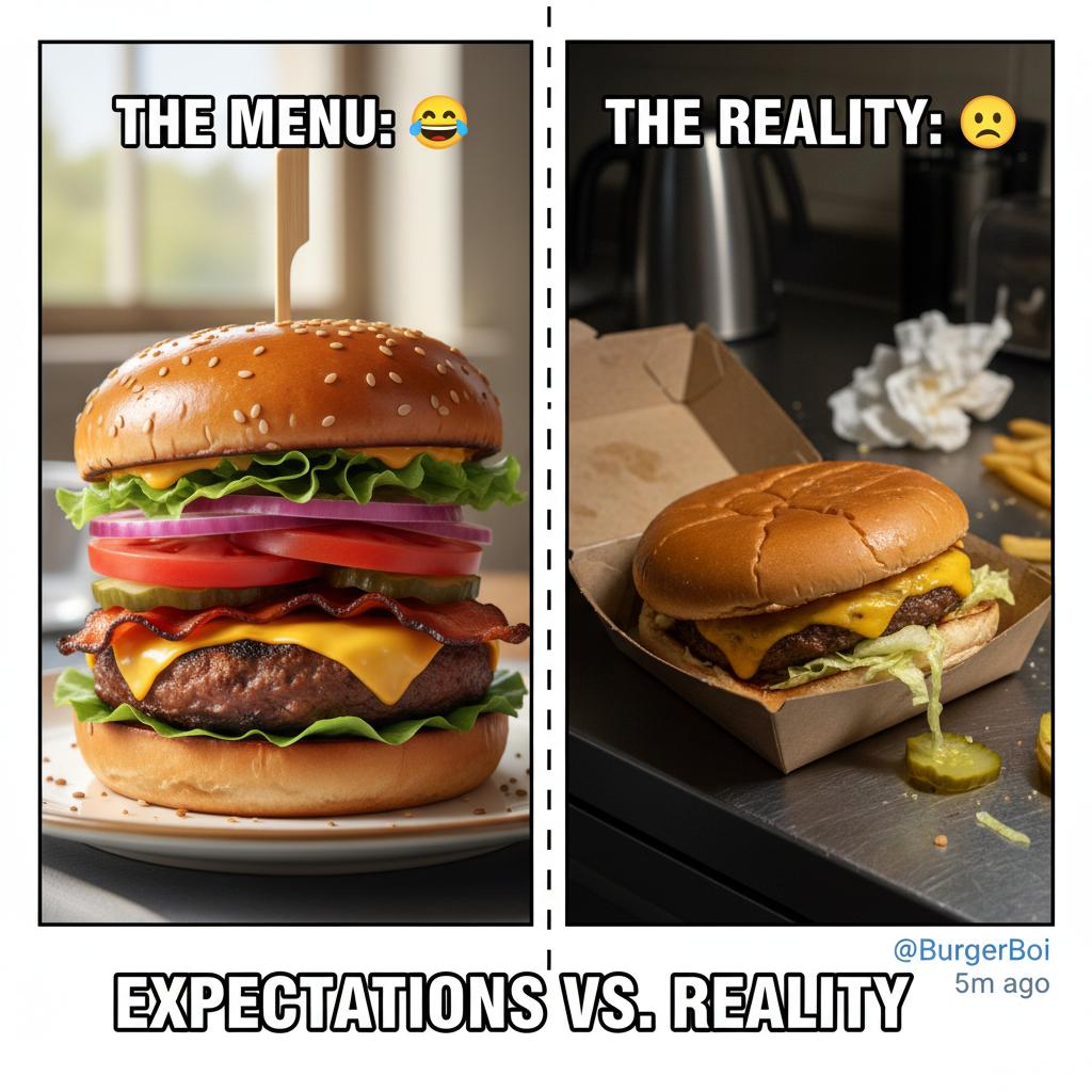 Ordered a gourmet burger, got a sad patty. My disappointment is immeasurable.