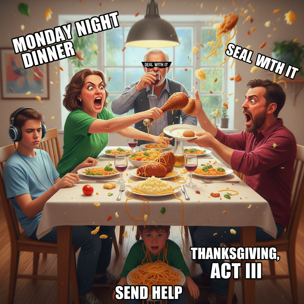My family dinner is less 'holiday cheer' and more 'Hunger Games: Cranberry Edition'.