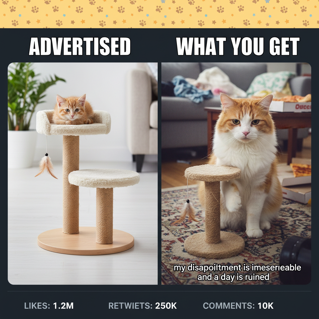 Ordered a 'miniature' cat tree. Received a skyscraper for ants. Online shopping, folks.