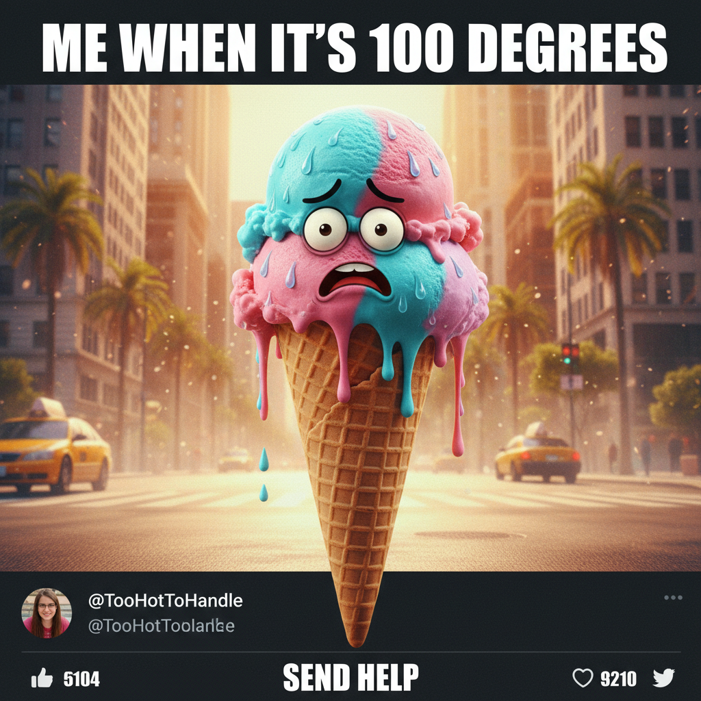It's 90 degrees but feels like 110. My AC is crying. Send ice cream and prayers. #SummerVibes