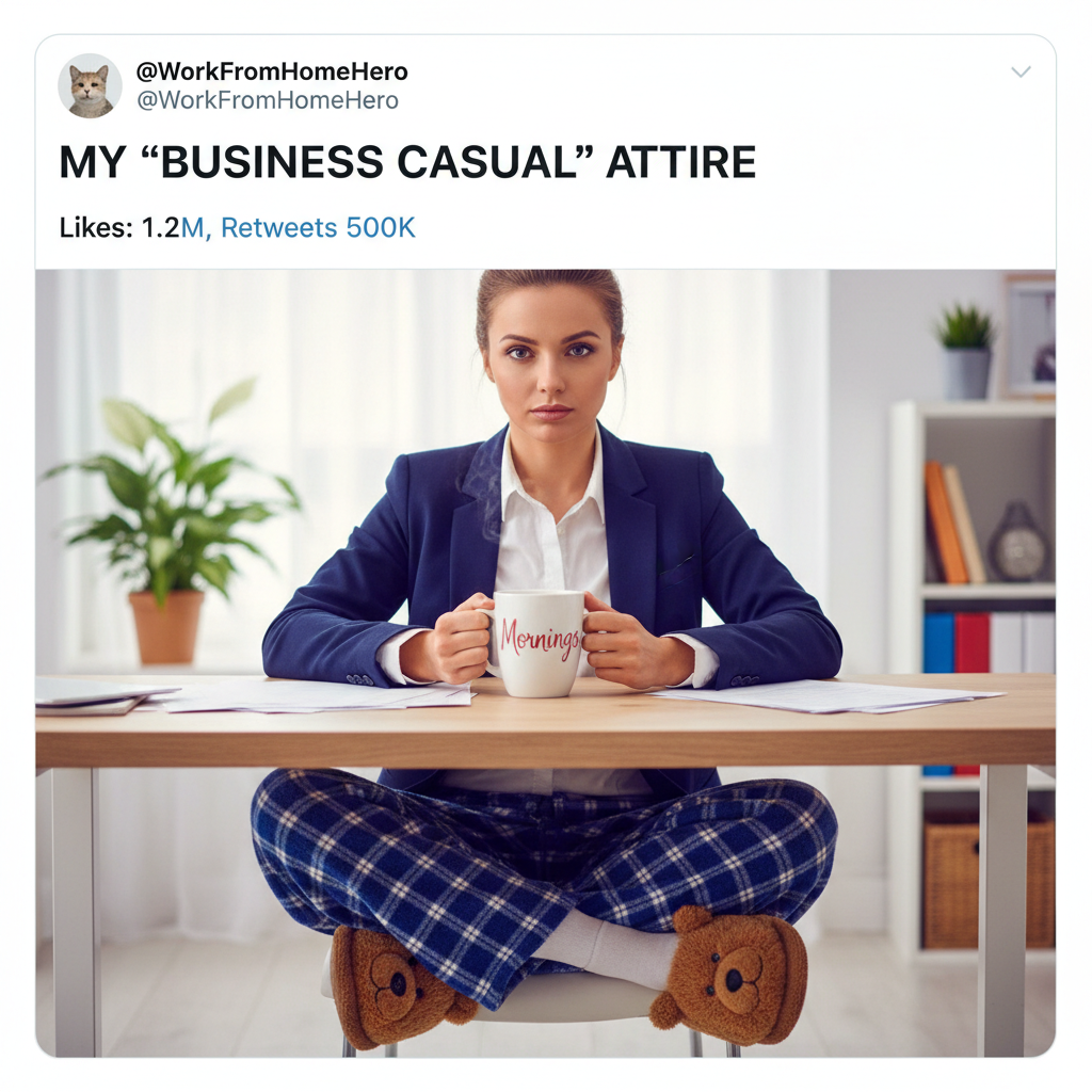 WFH outfit: Business on top, pajama pants on the bottom. The ultimate power move. 💅