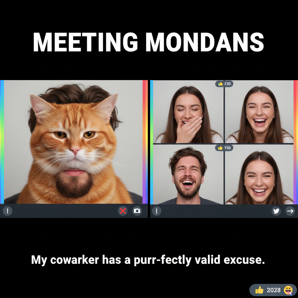 My coworker just joined the video call with a cat on their head. WFH life is peak comedy.