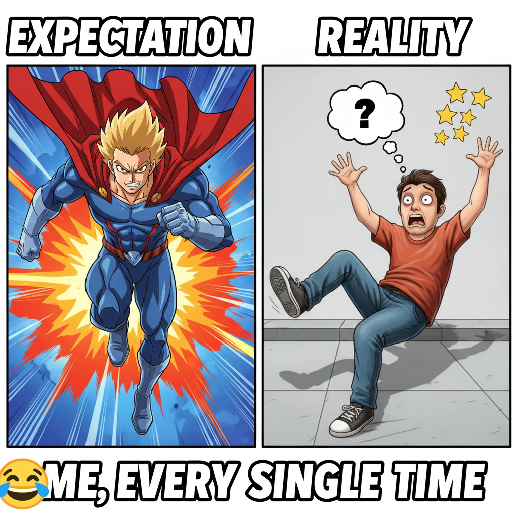 Me trying to use anime logic in real life: *runs dramatically, trips on flat ground*