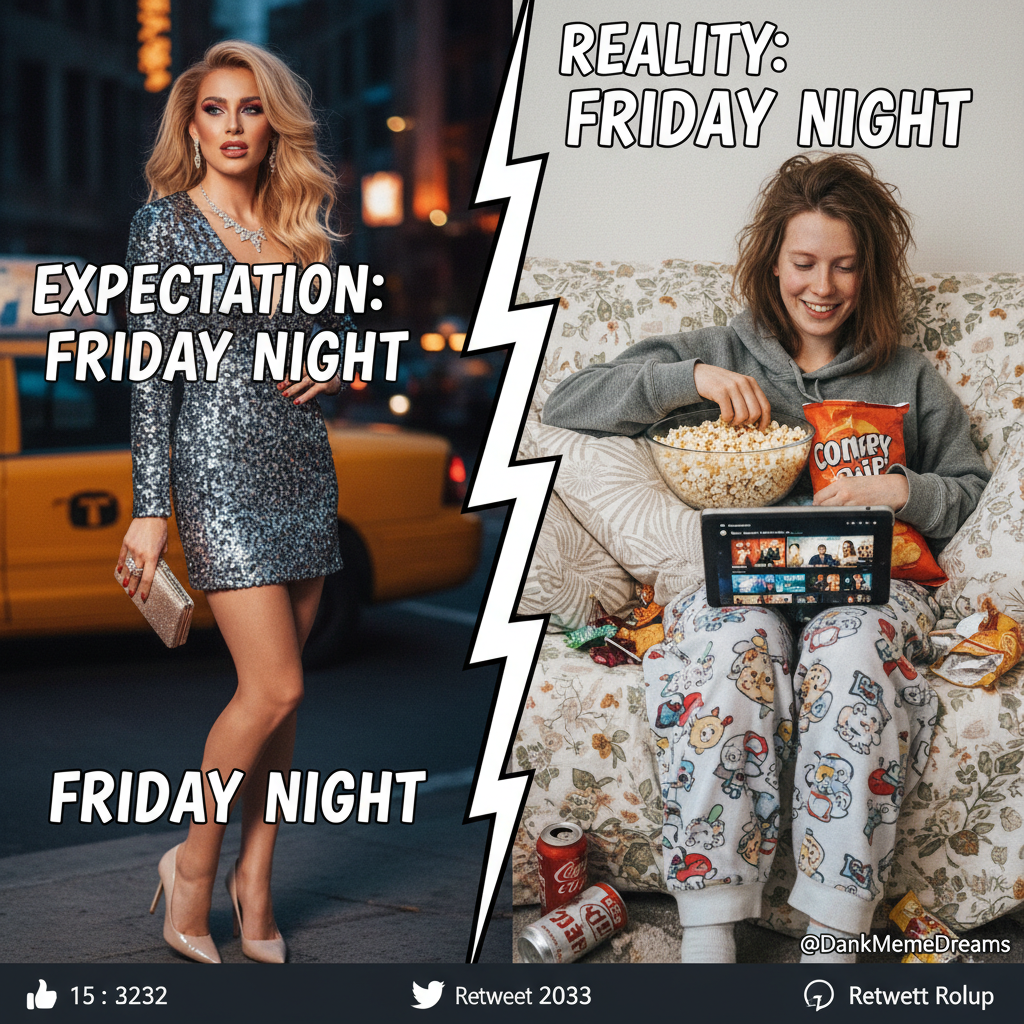 Friday night plans: Clubbing! Reality: Pajamas, snacks, and questionable life choices on Netflix.
