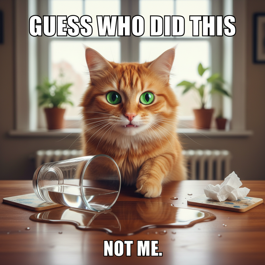 My cat just stared at me while knocking my water glass off the table. Power move.