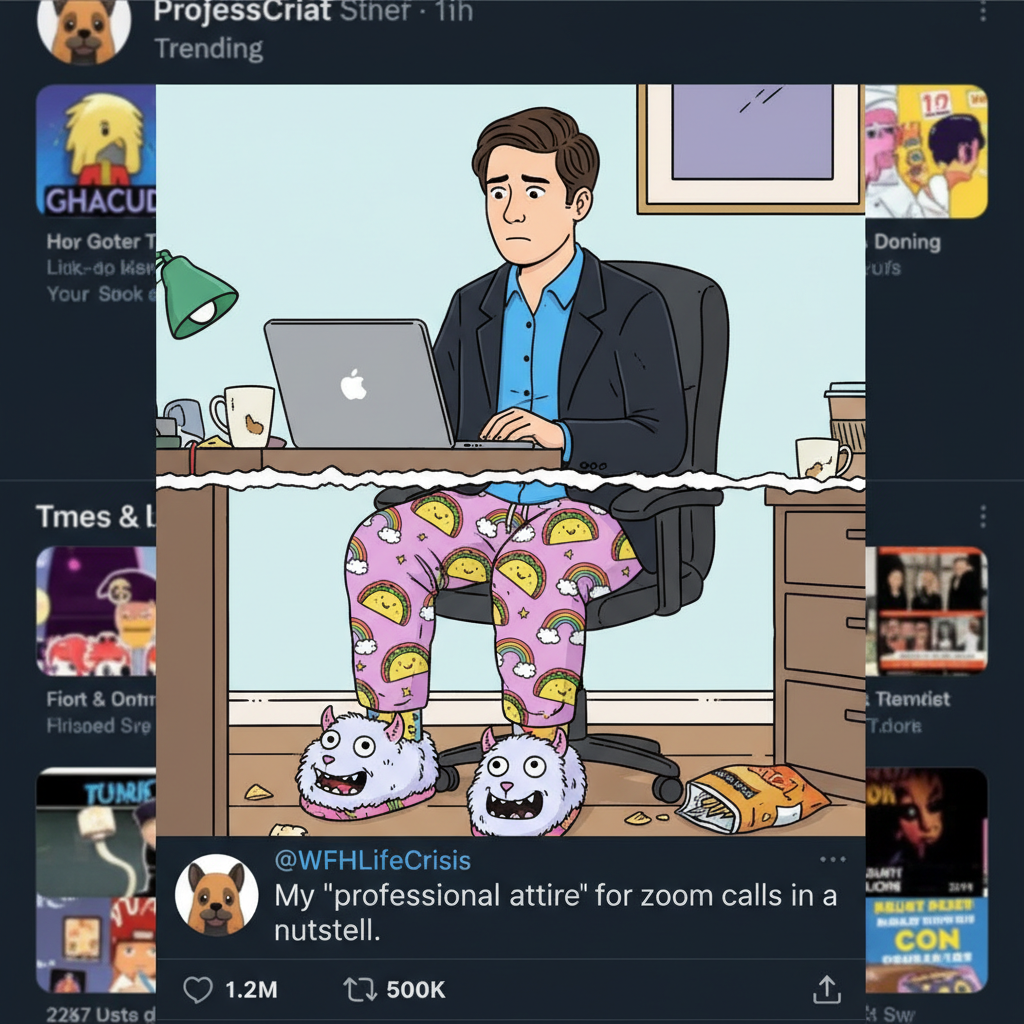 My WFH uniform: business on top, pajama pants and existential dread on bottom.