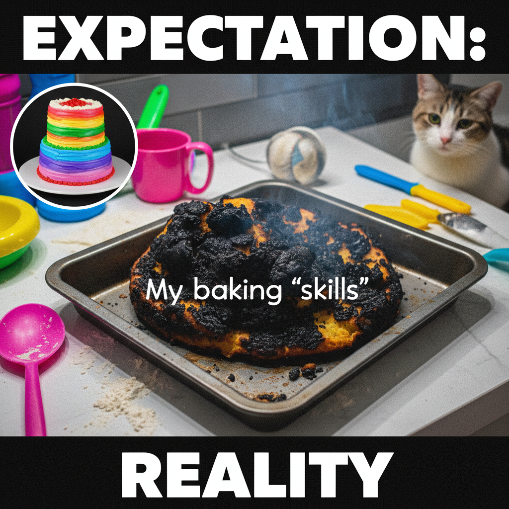 Tried to make a 'simple' cake. It collapsed into a black hole of sugar and regret. Send help.