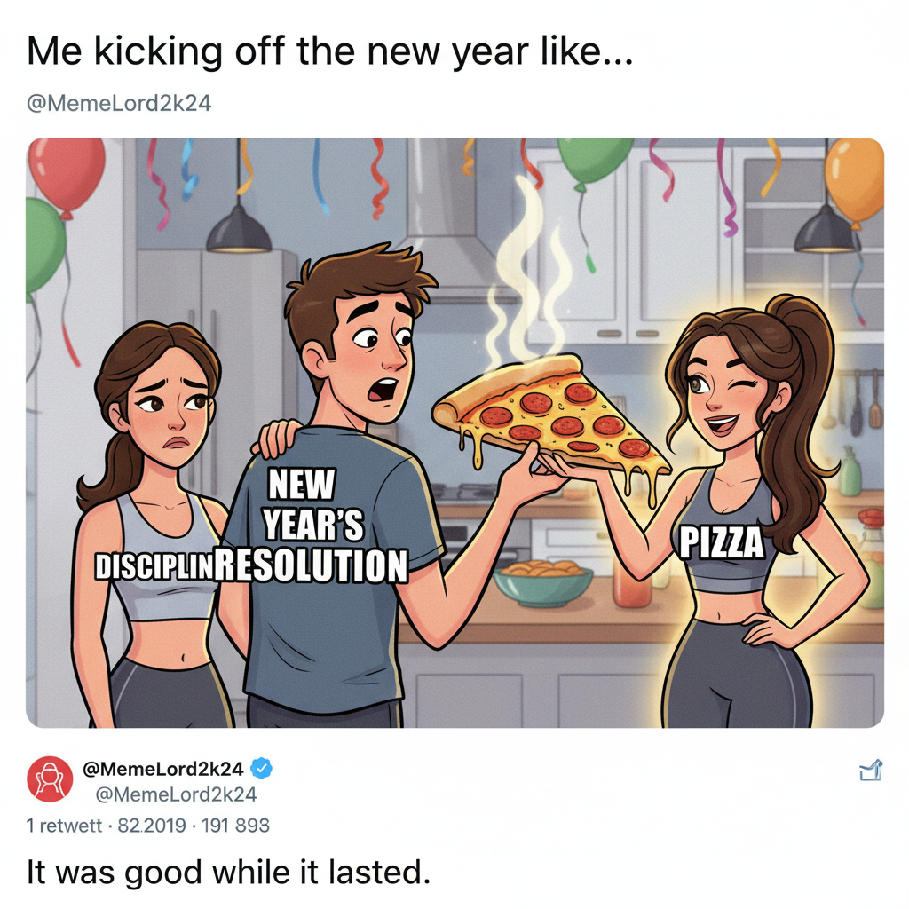 Me on Jan 1st: 'New year, new me!' Me on Jan 3rd: *eats entire pizza*