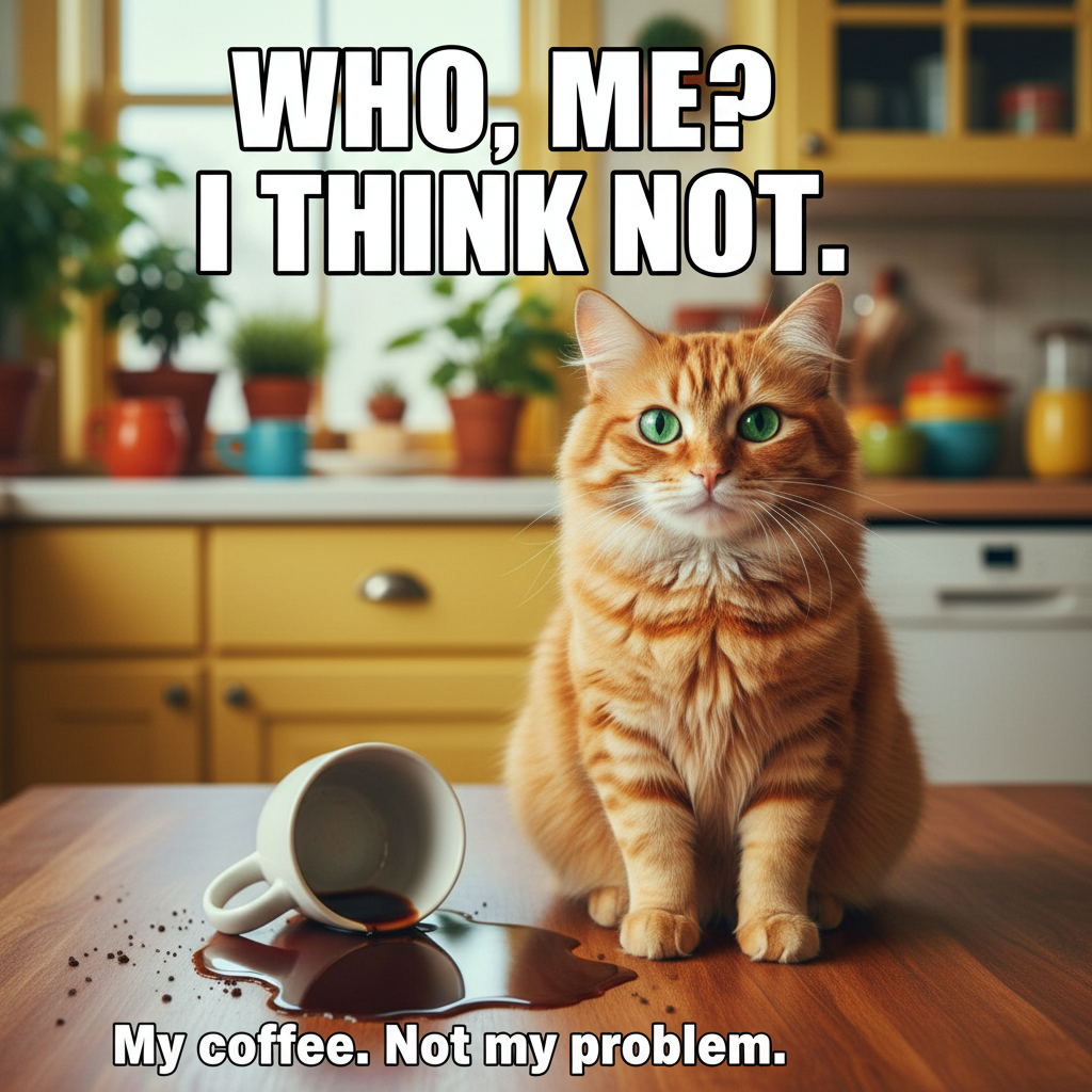 My cat just knocked my coffee over, then looked at me like *I* was the problem. The AUDACITY.