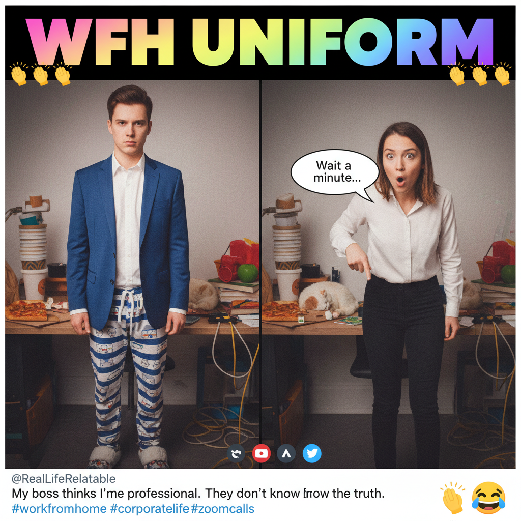 My 'work from home' outfit is 50% professional, 50% pajamas, 100% questionable life choices.