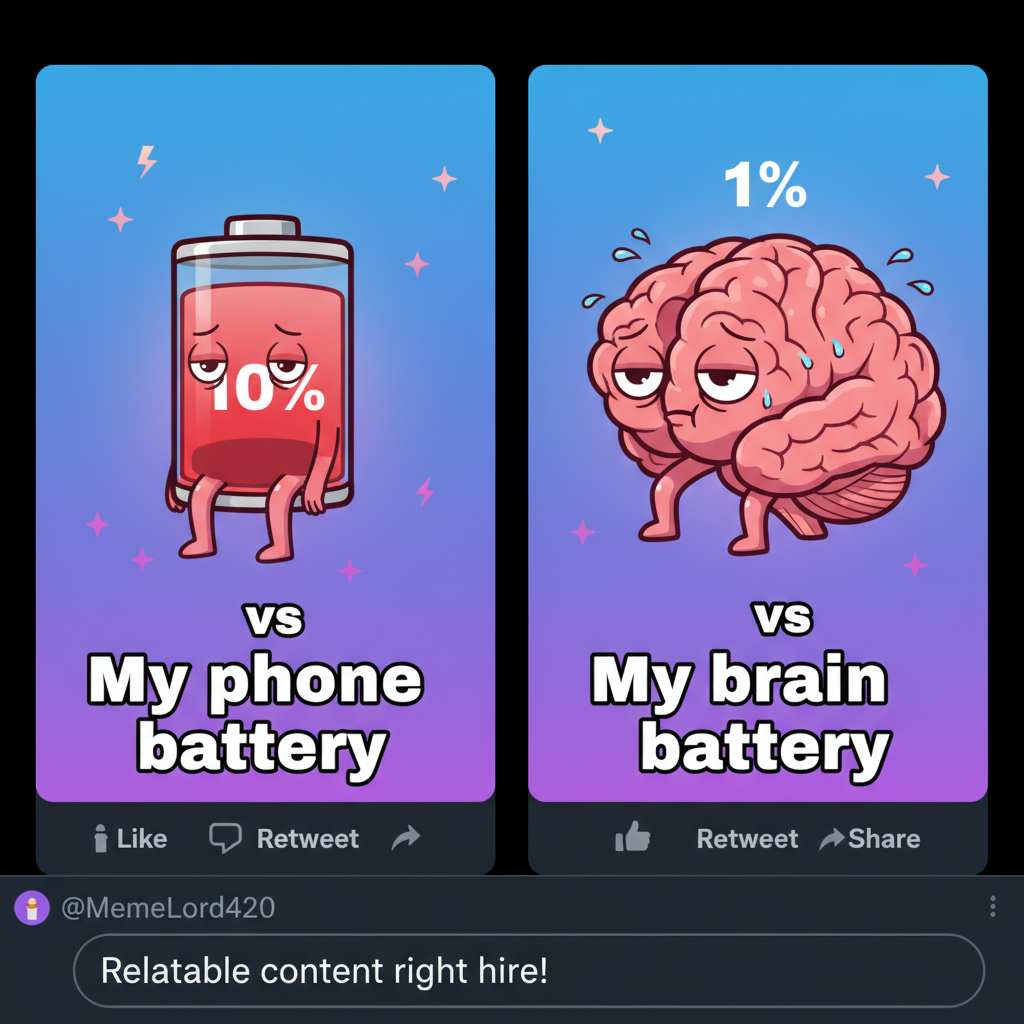 My phone battery is at 10%. My brain battery is at 1%. Both from scrolling. Send chargers.