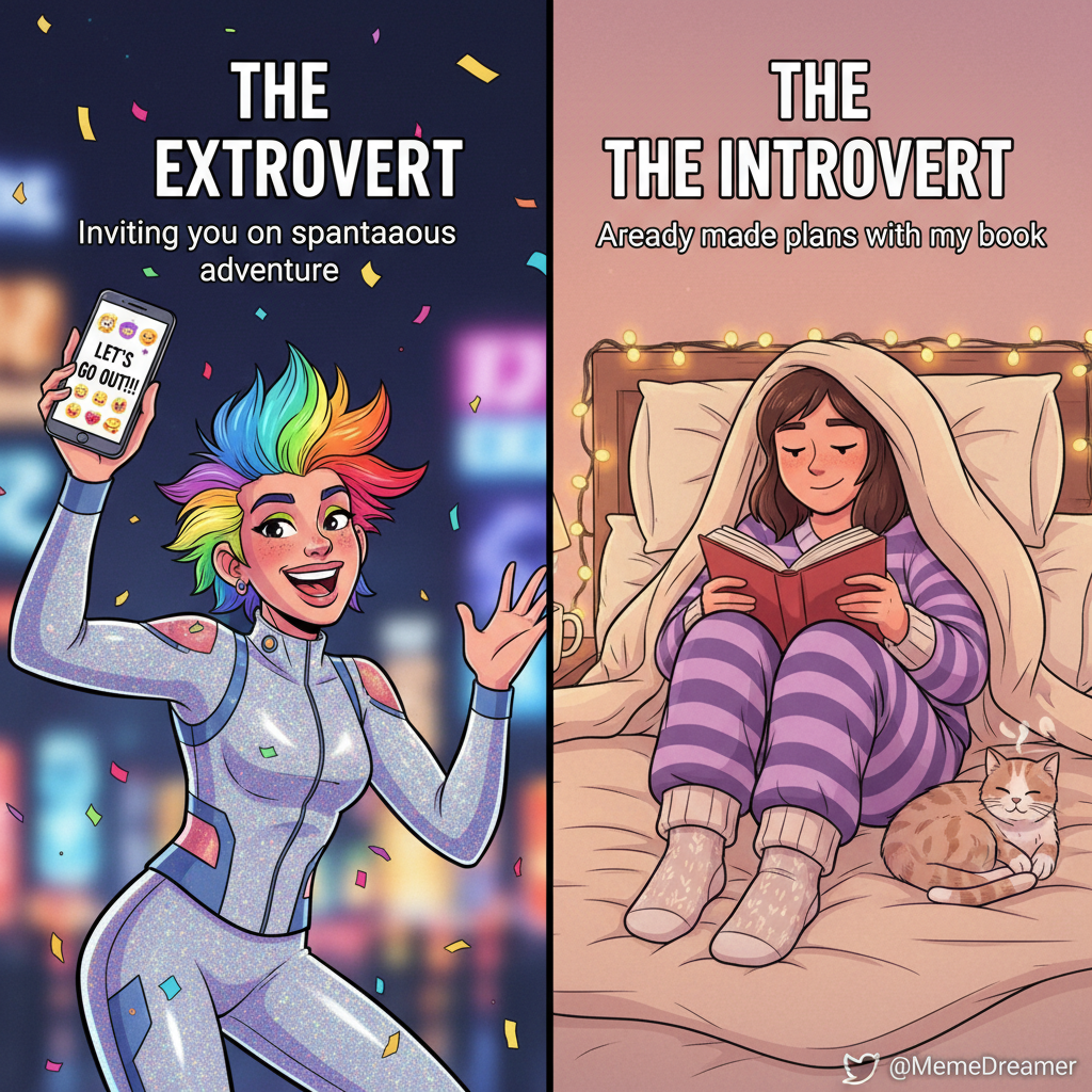 Extrovert: 'Let's go out!' Introvert: *already in bed by 8pm* 'Can't, I'm busy existing.'
