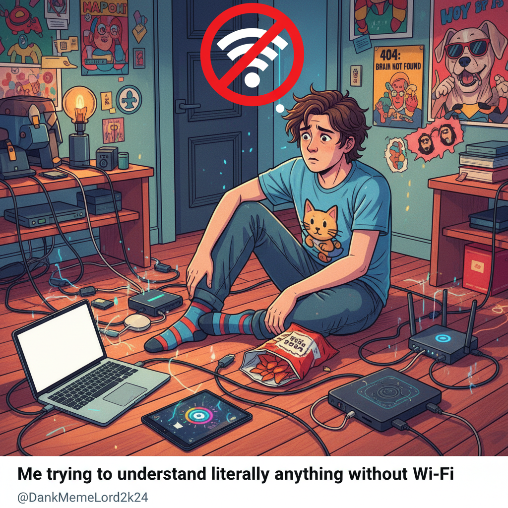 The wifi went down. I've forgotten how to human. What year is it?! #NoWifi